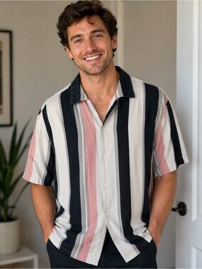 Express Short-Sleeve Vertical Stripe Button-Down in Black, White & Pink